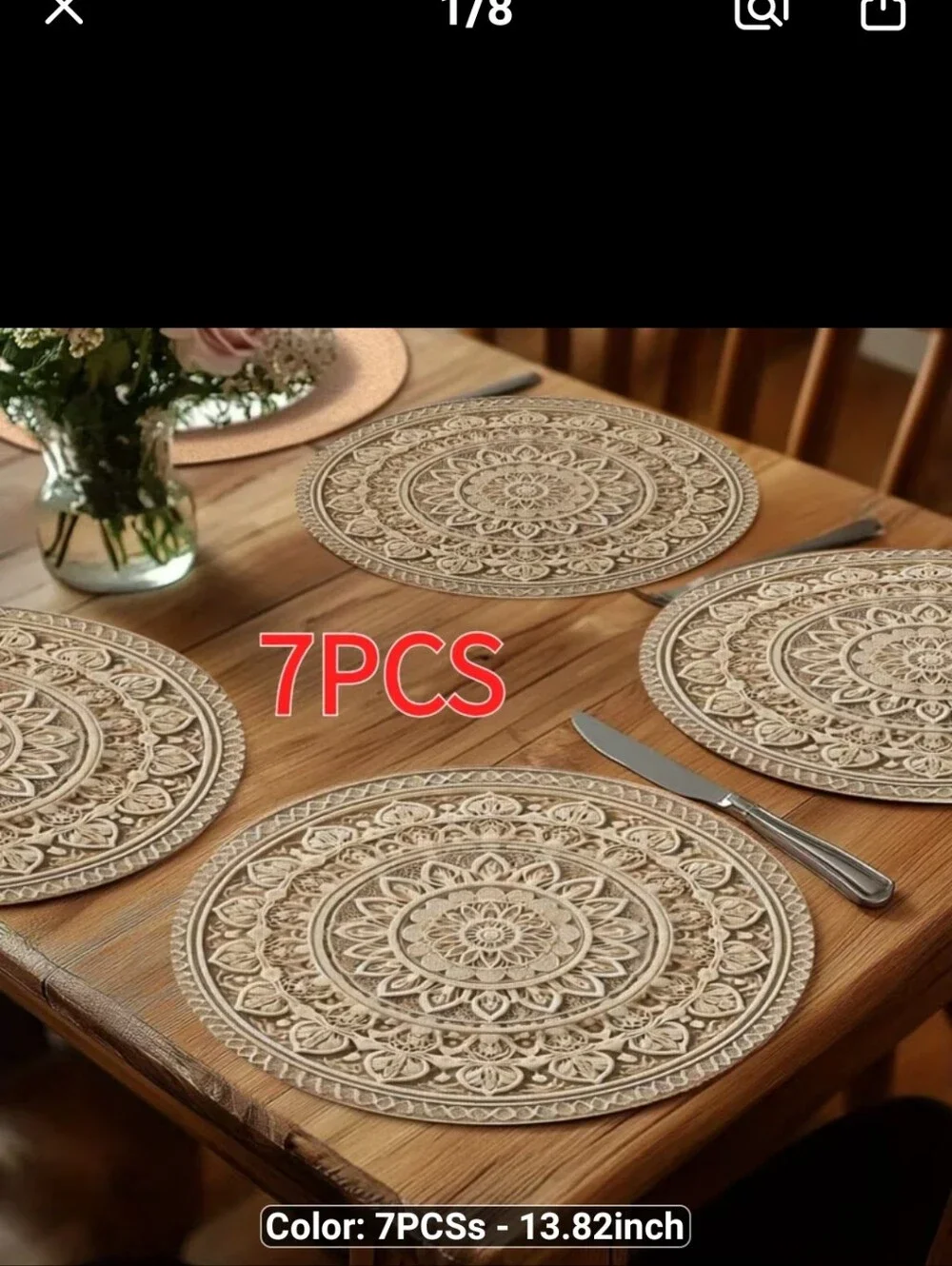 New 7pc Decorative Round Beige Mandala Placemats #1491-691